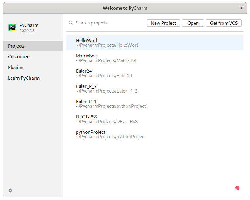 PyCharm – Welcome screen